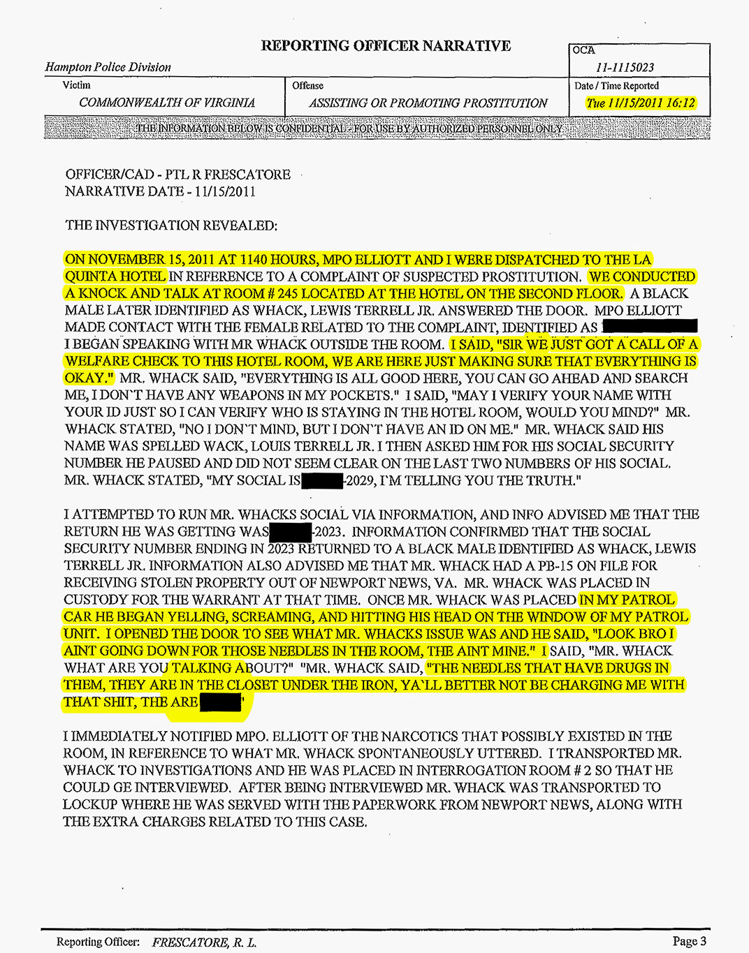 Hampton police report about Ron Miscavige hooker page 1
