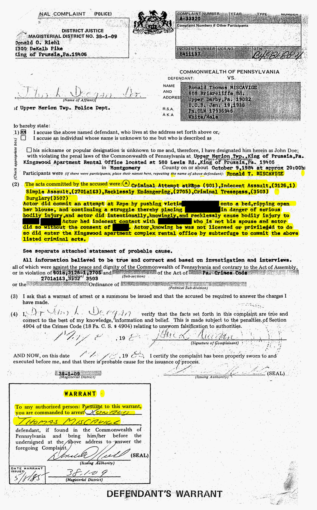 Ron Miscavige’s Sr. arrest documents