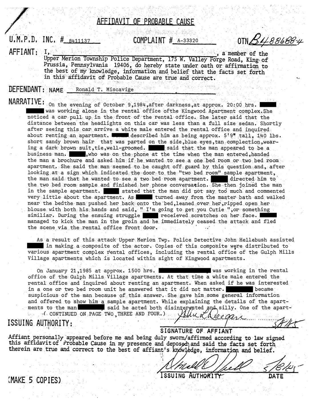 Ron Miscavige. Arrest documents.