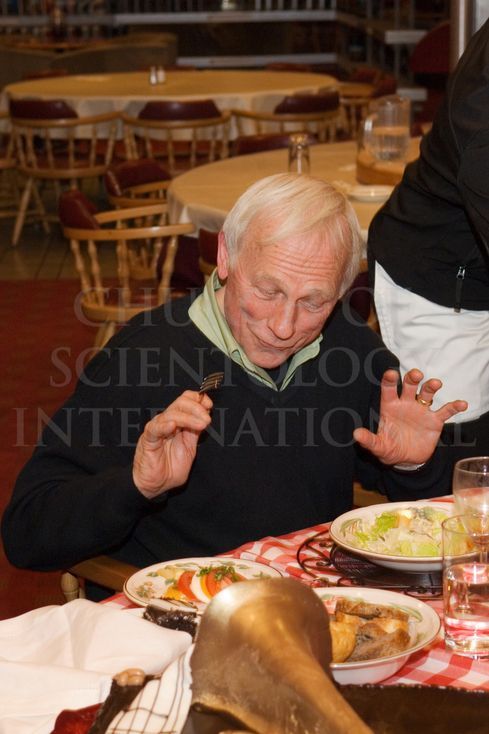A yearly tradition: a special birthday dinner for Ron Miscavige from his son, Mr. David Miscavige. Here, Ron Miscavige poised to eat the dinner made by Beverly Hills restaurant, E. Baldi, for his 71st birthday in 2007.