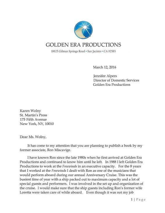 Director of Domestic Services: Ron “lived in the most beautiful staff apartment facility that I have seen”